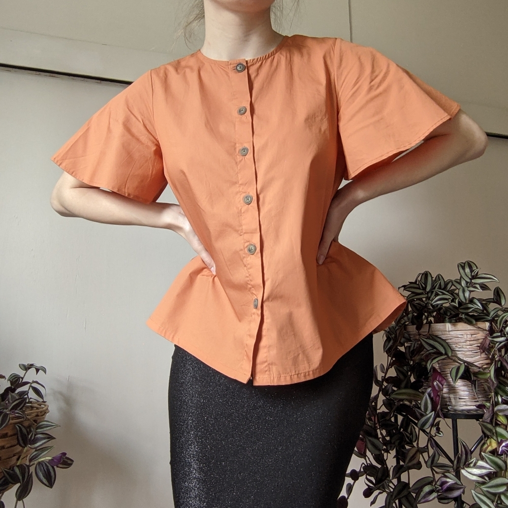 Orange flutter sleeve button up blouse